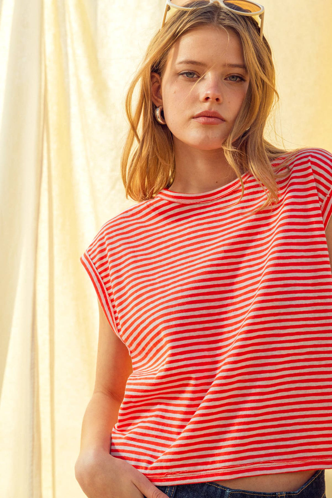 Miou Muse | Stripe Pattern Slub Top
