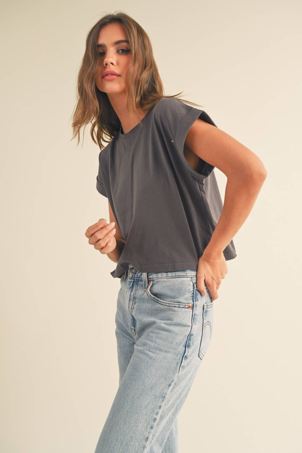 Miou Muse | Round Neck Cuffed Sleeve Top