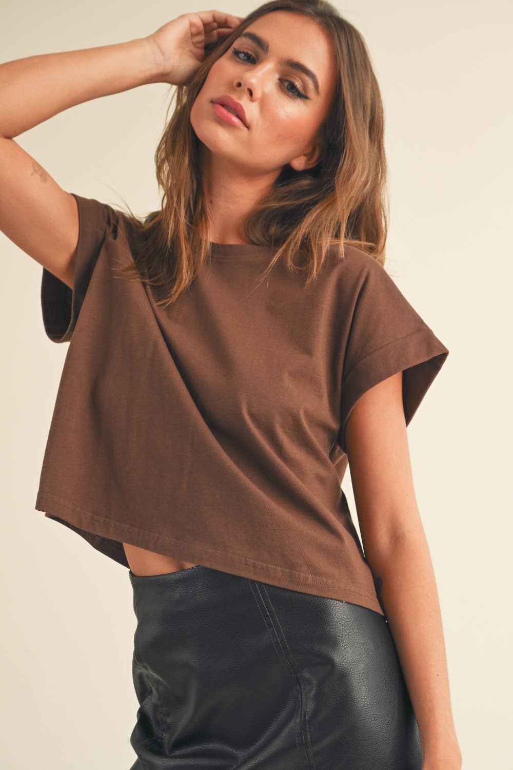 Miou Muse | Round Neck Cuffed Sleeve Top