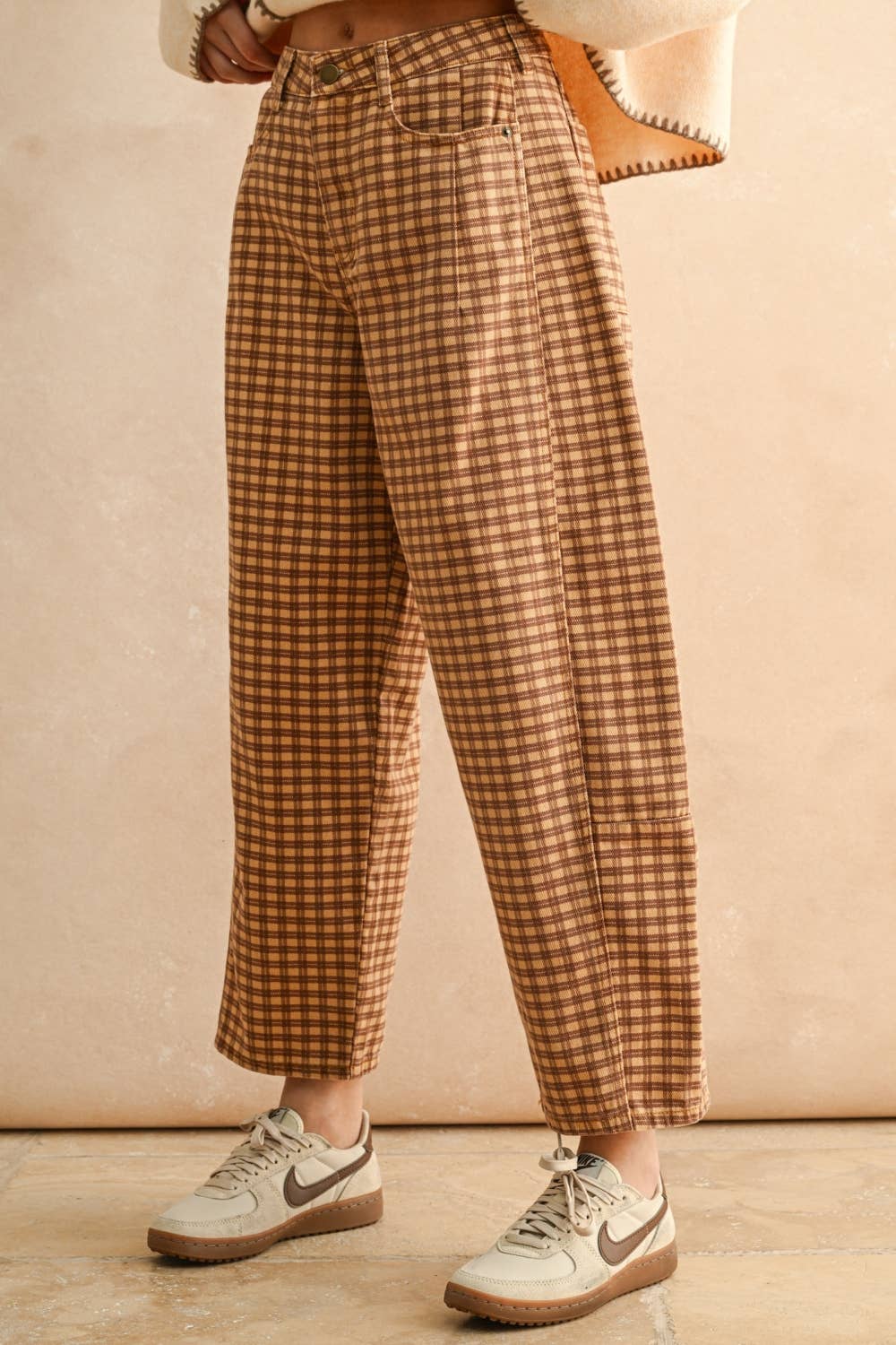 MIou Muse | Mini Checker Pattern Barrel Pants