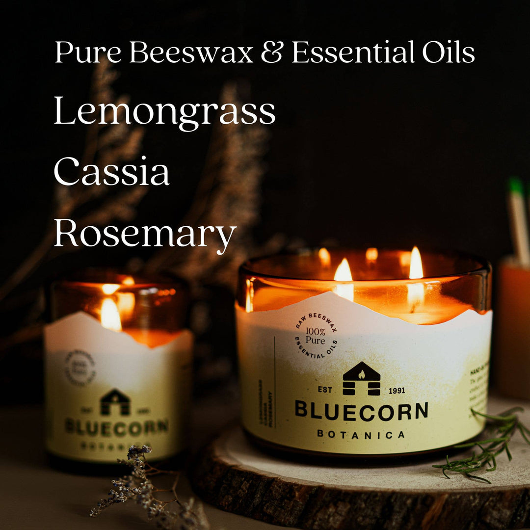 Bluecorn Candles | Scented Beeswax Candles - Pure Essential Oils - Blown Glass Holders