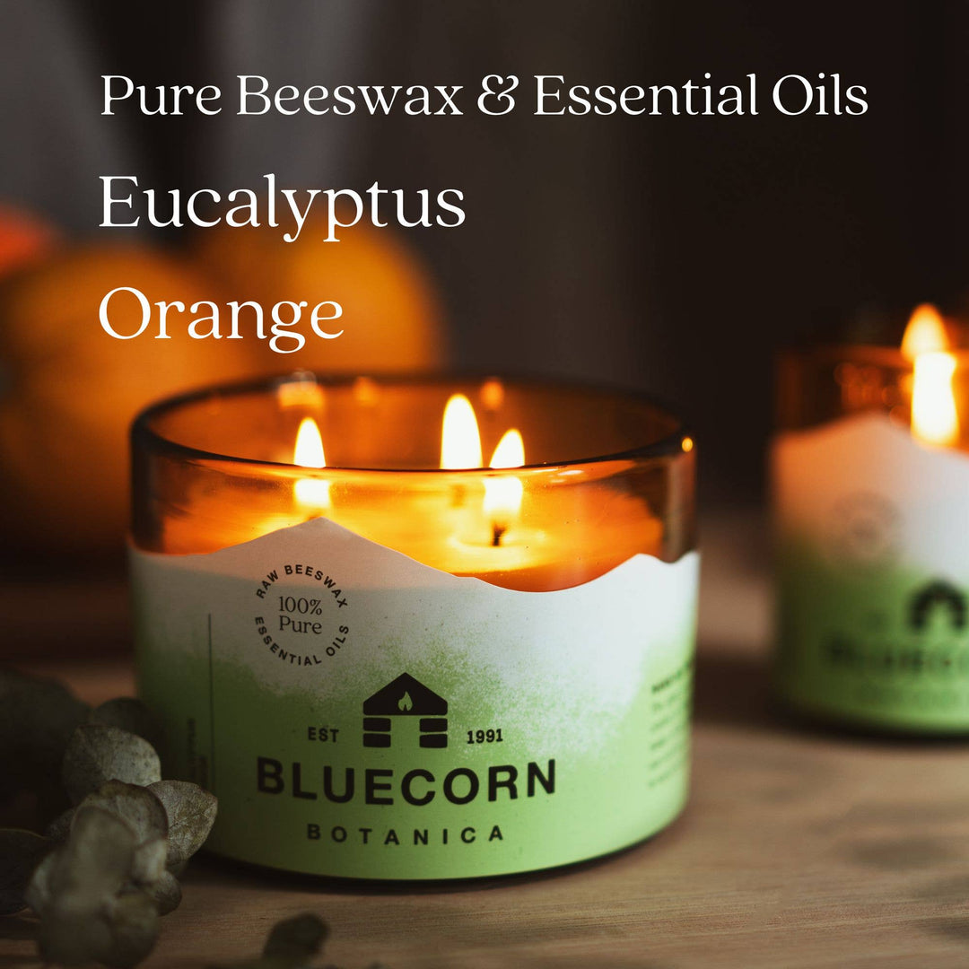 Bluecorn Candles | Scented Beeswax Candles - Pure Essential Oils - Blown Glass Holders