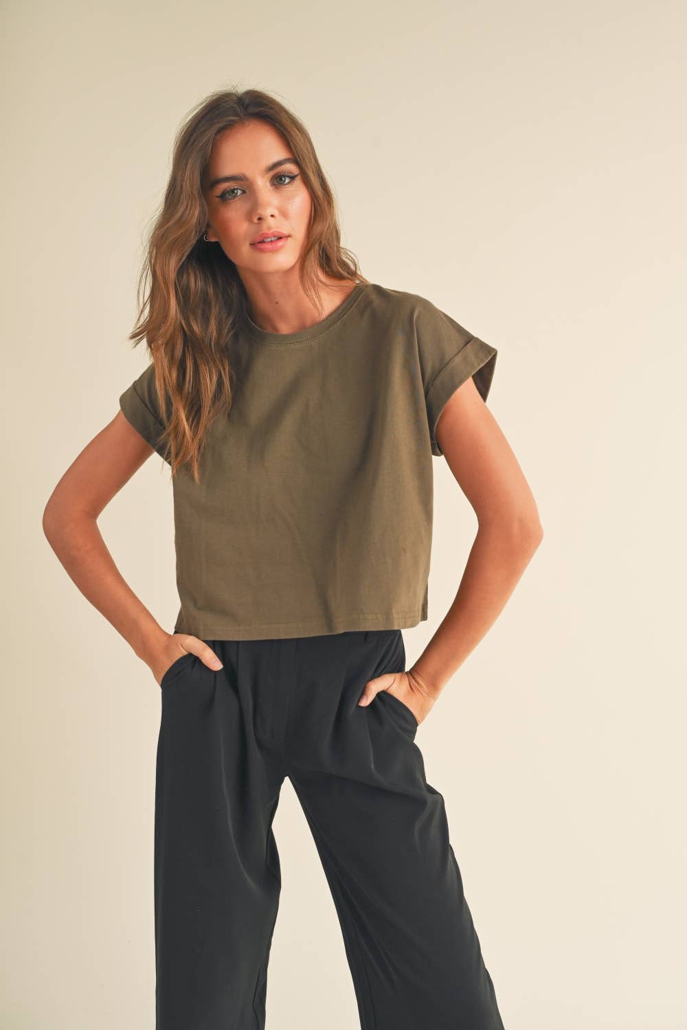 Miou Muse | Round Neck Cuffed Sleeve Top