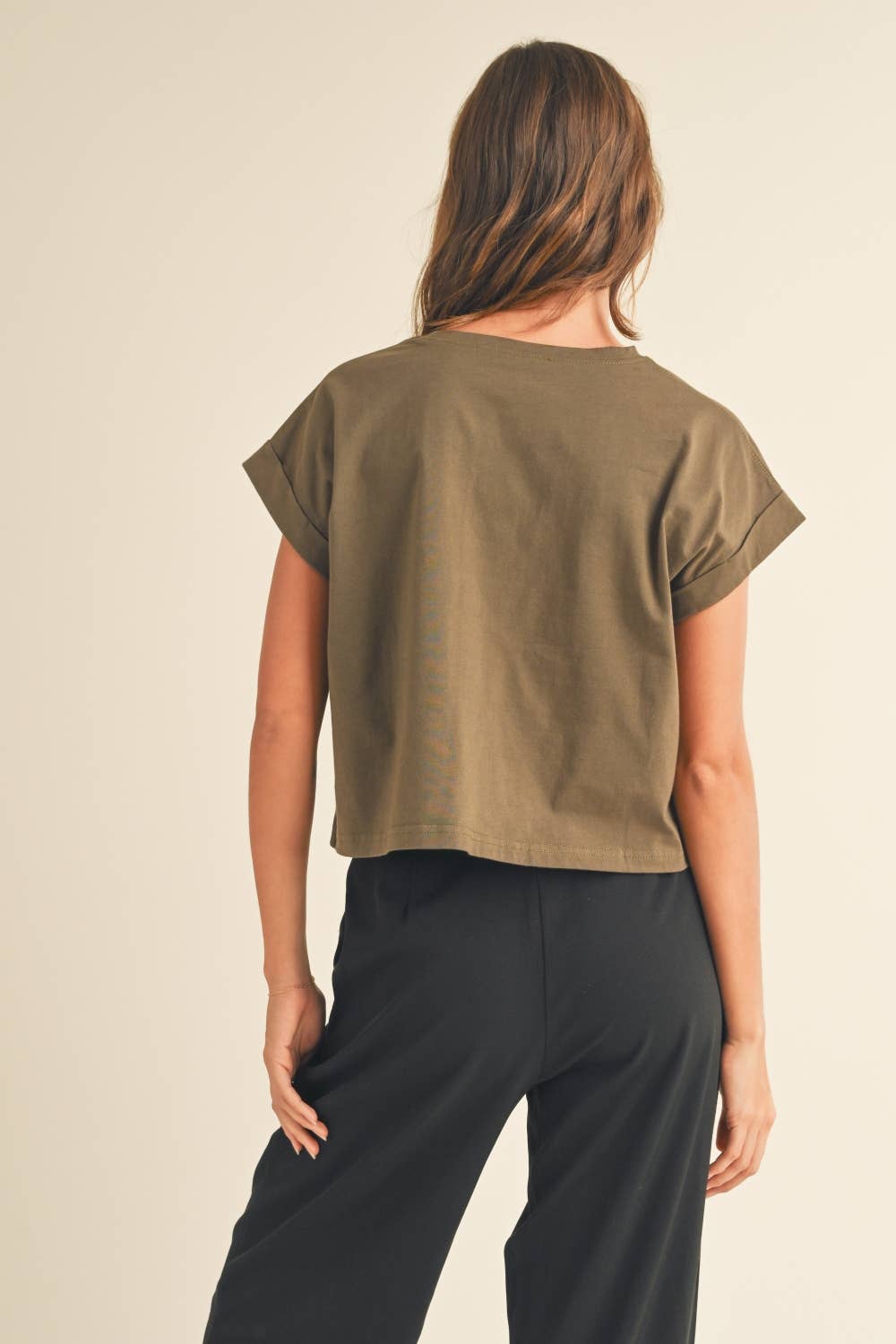Miou Muse | Round Neck Cuffed Sleeve Top