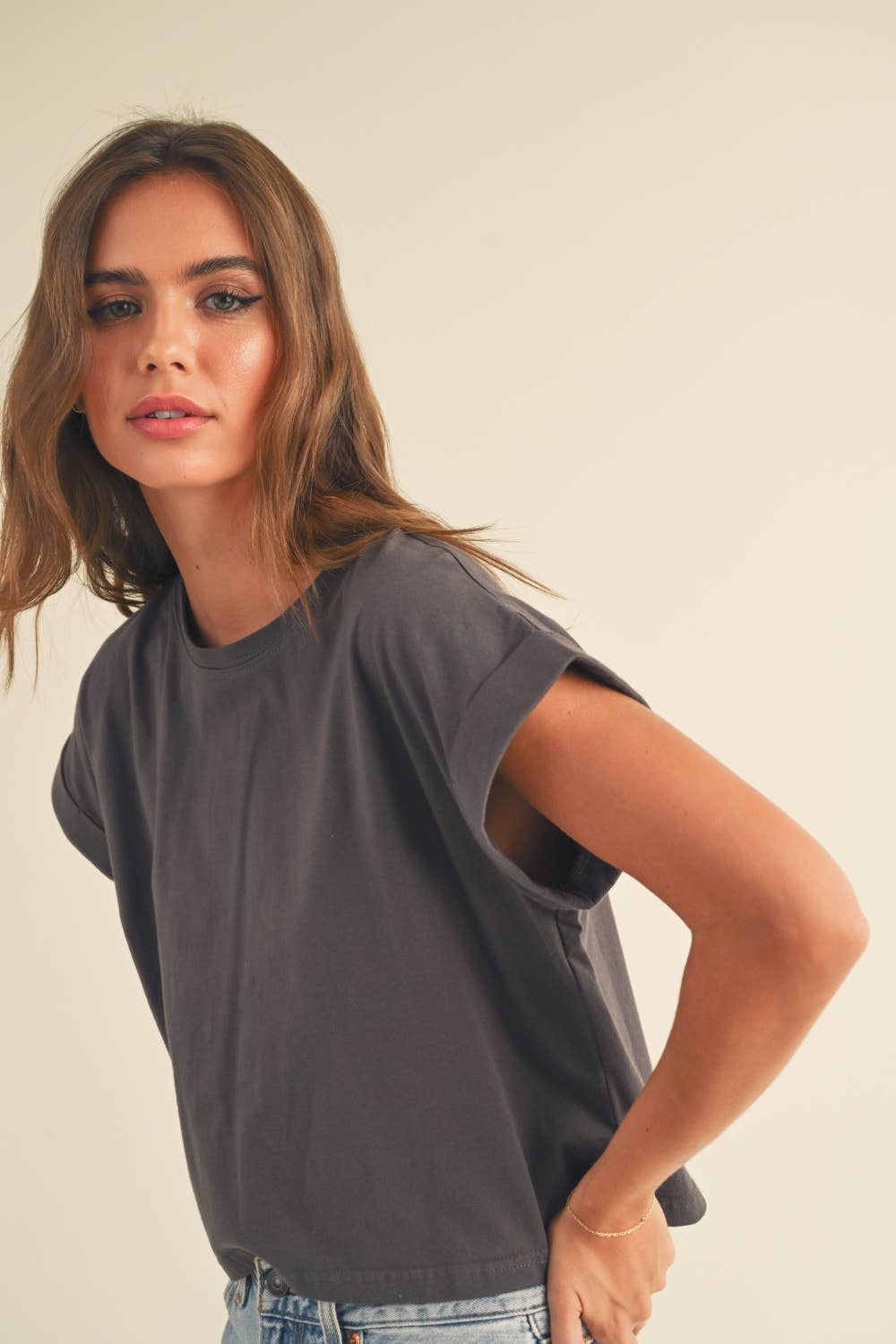Miou Muse | Round Neck Cuffed Sleeve Top