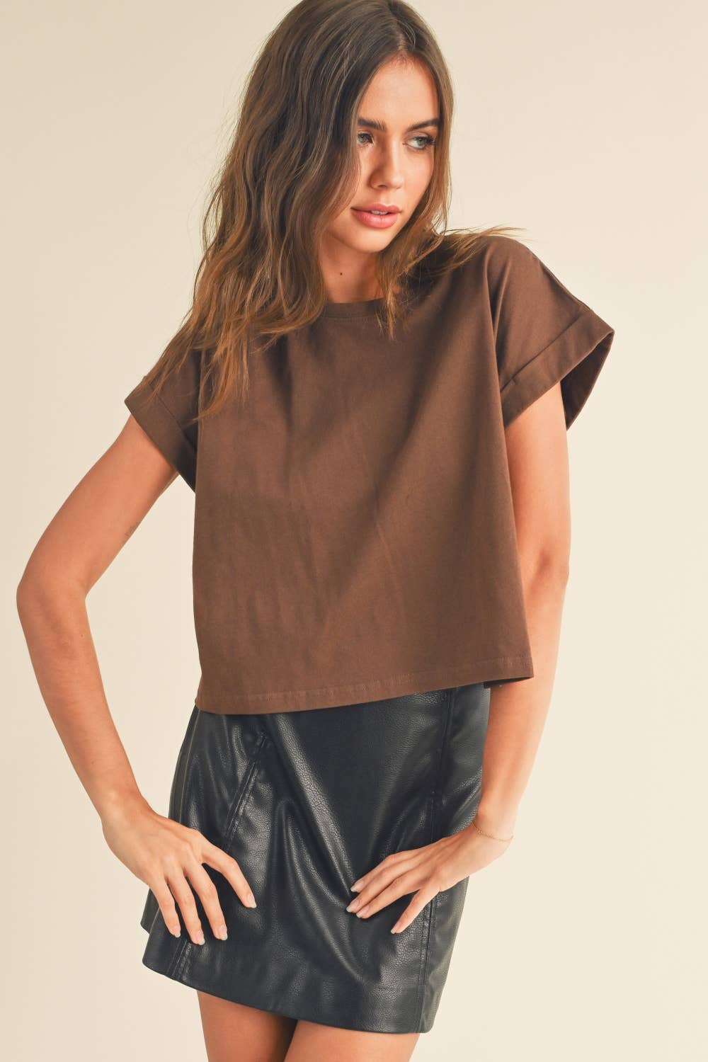 Miou Muse | Round Neck Cuffed Sleeve Top