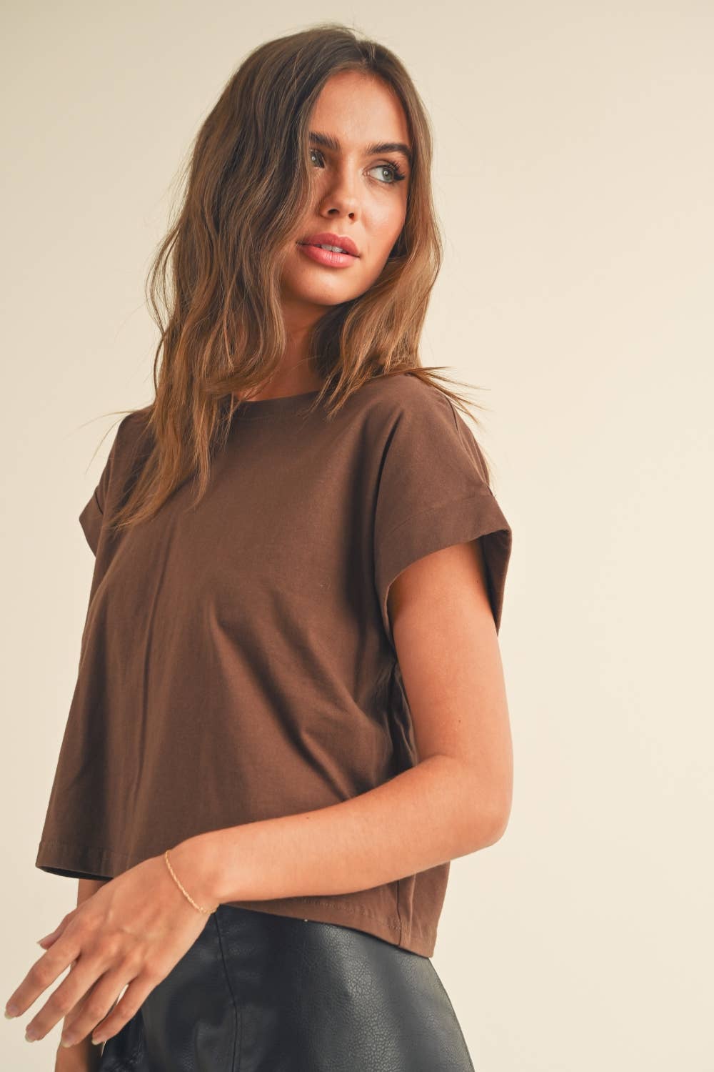 Miou Muse | Round Neck Cuffed Sleeve Top