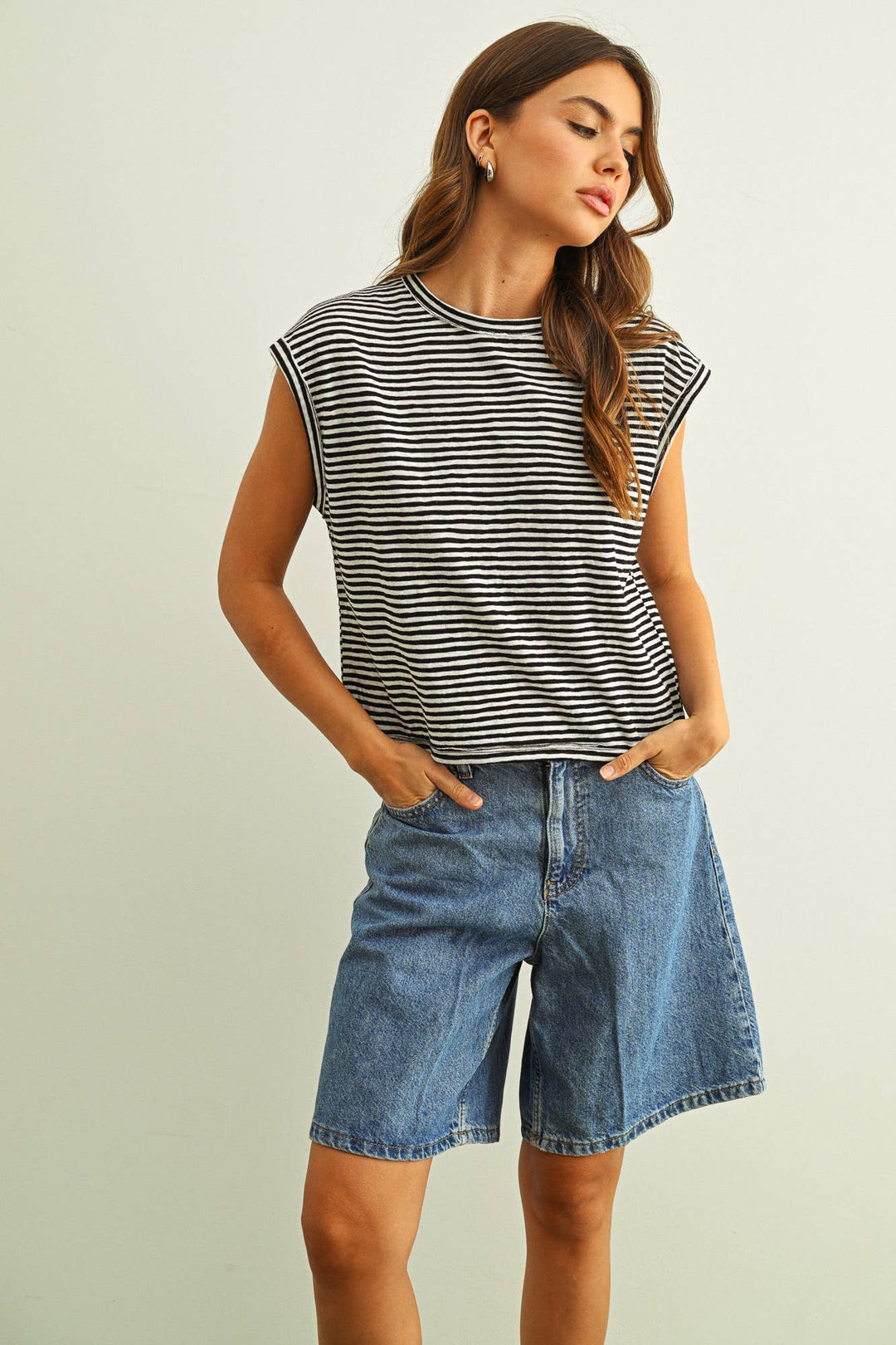 Miou Muse | Stripe Pattern Slub Top