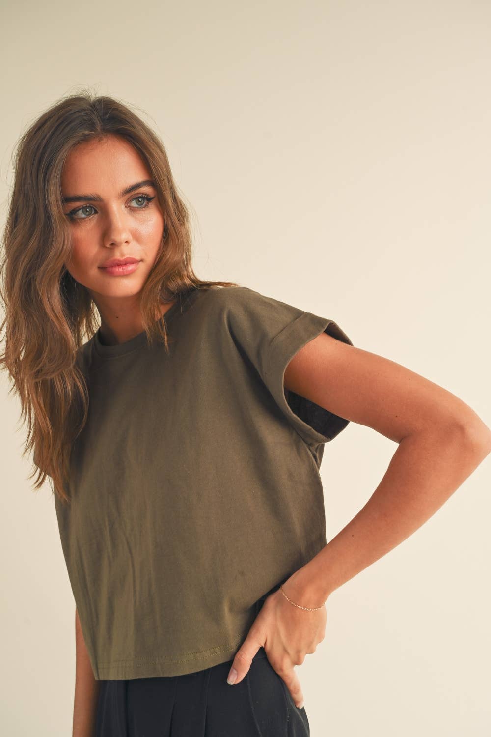 Miou Muse | Round Neck Cuffed Sleeve Top