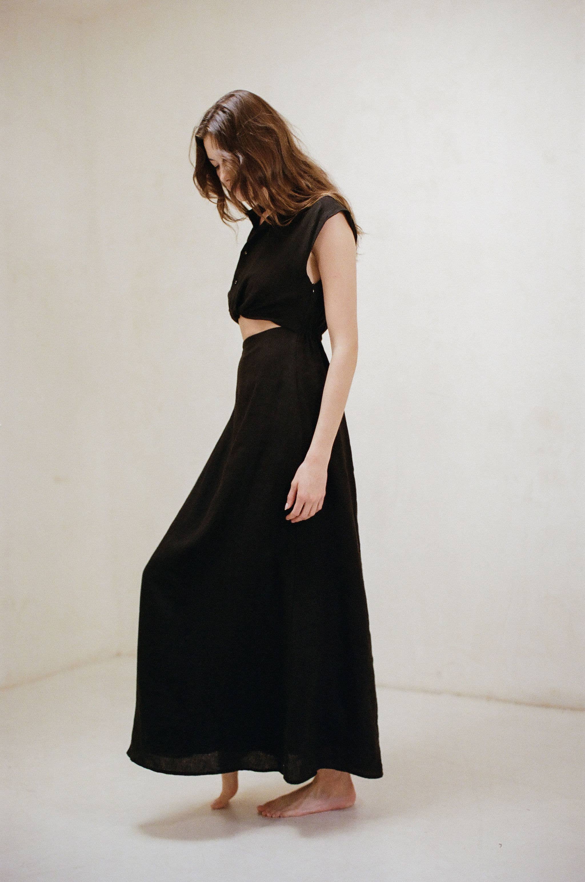 A. ren | Woven Linen Button Down One Side Slit Maxi Dress