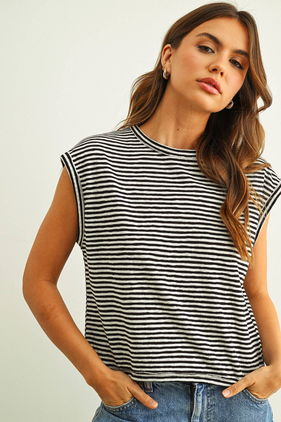 Miou Muse | Stripe Pattern Slub Top