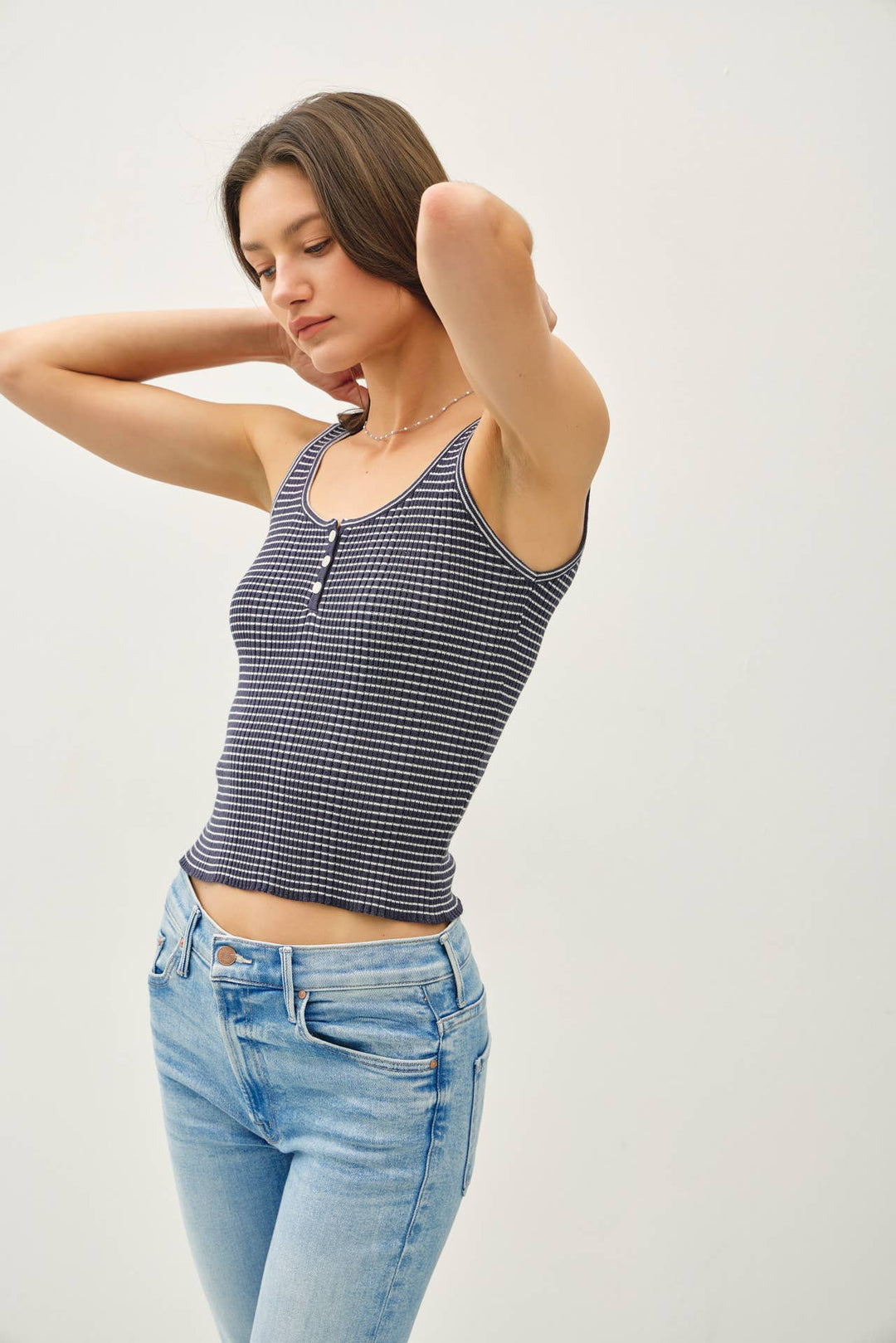 Be Cool | Lightweight striped scoop Neck Button Up Tank