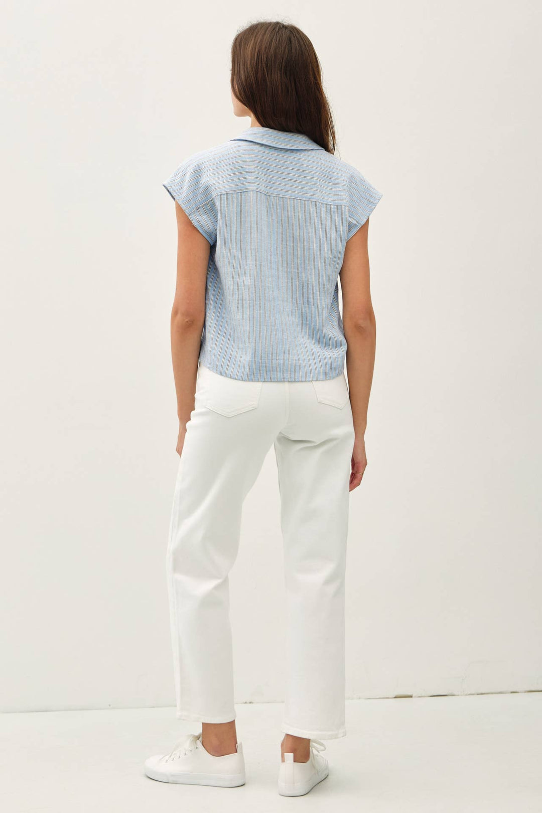 Be Cool | Linen Blend Striped V Neck Button Up Top