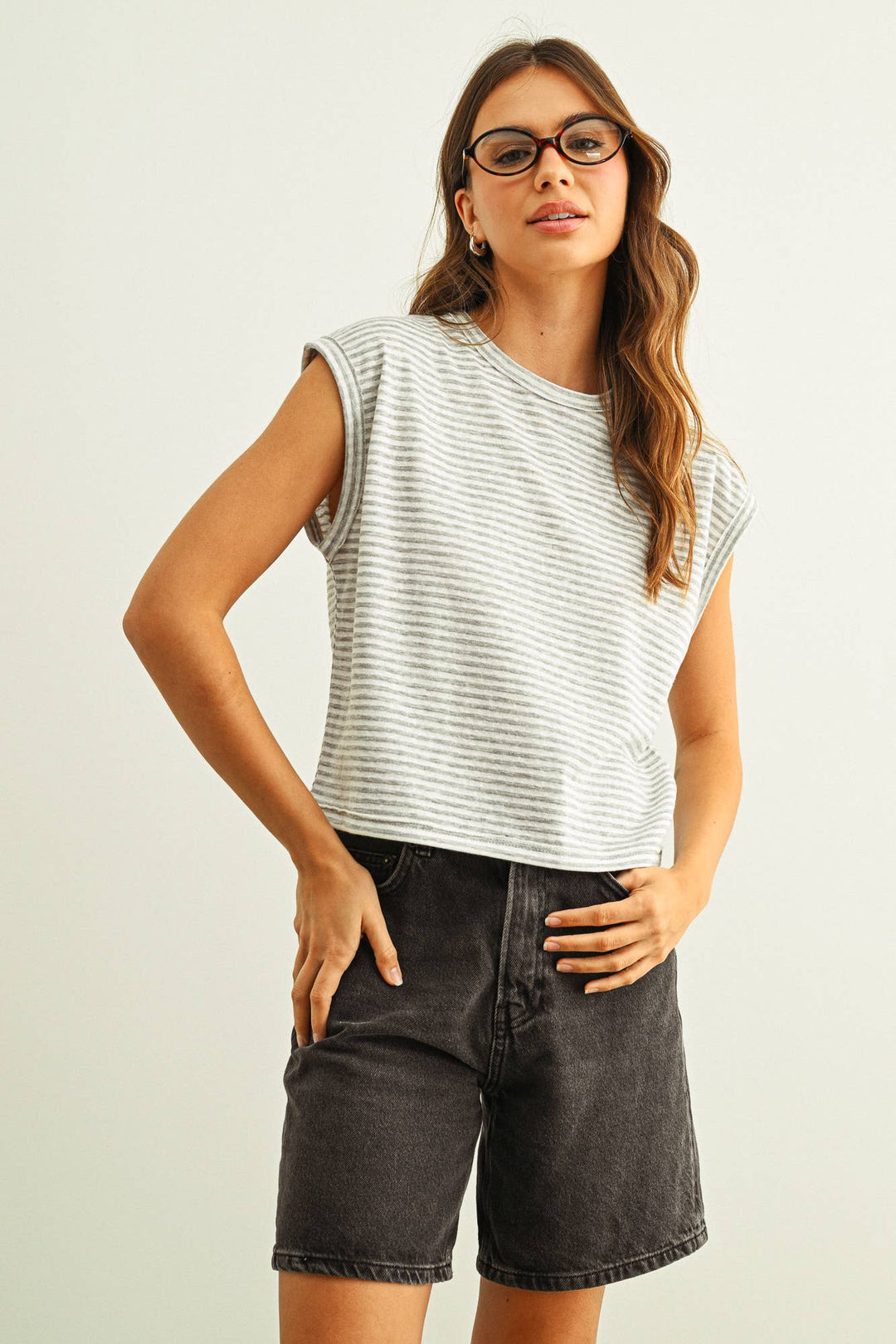 Miou Muse | Stripe Pattern Slub Top