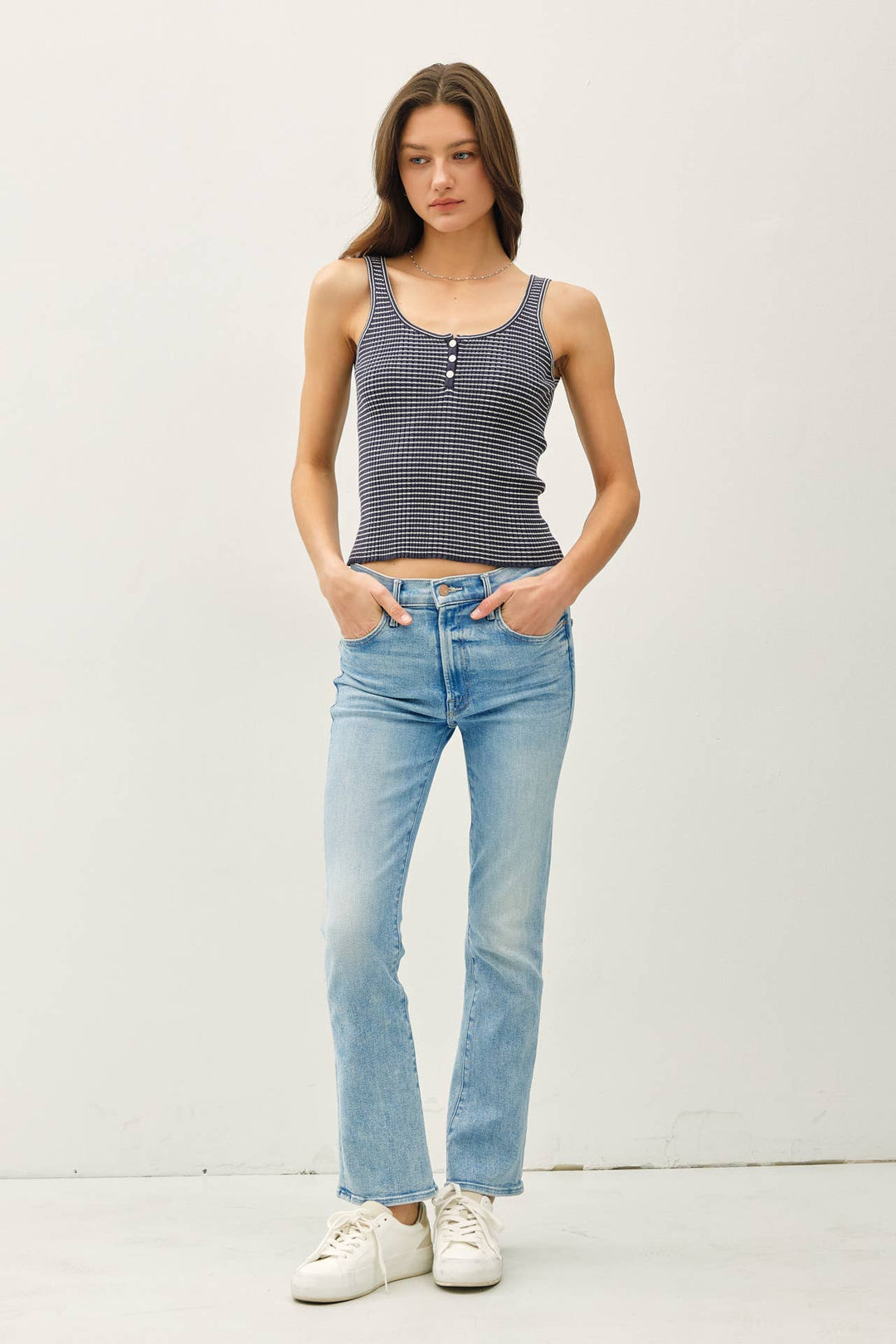 Be Cool | Lightweight striped scoop Neck Button Up Tank