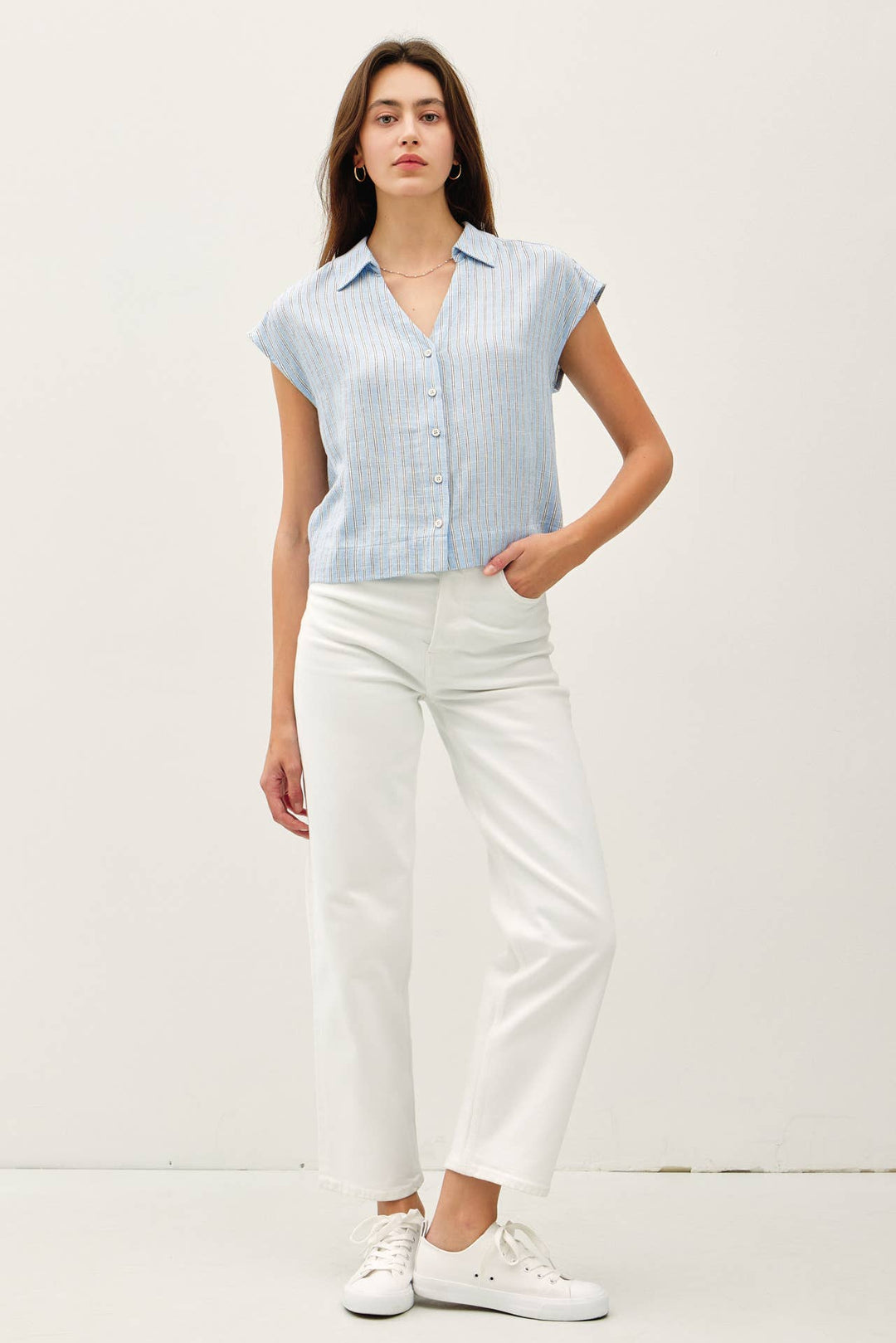 Be Cool | Linen Blend Striped V Neck Button Up Top