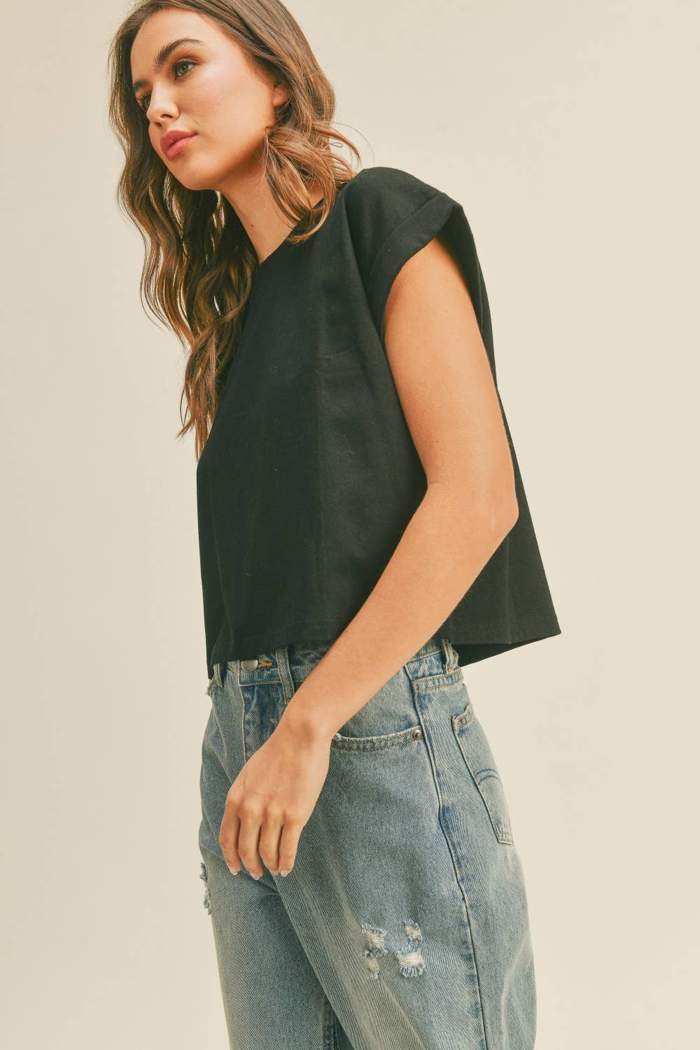 Miou Muse | Round Neck Cuffed Sleeve Top