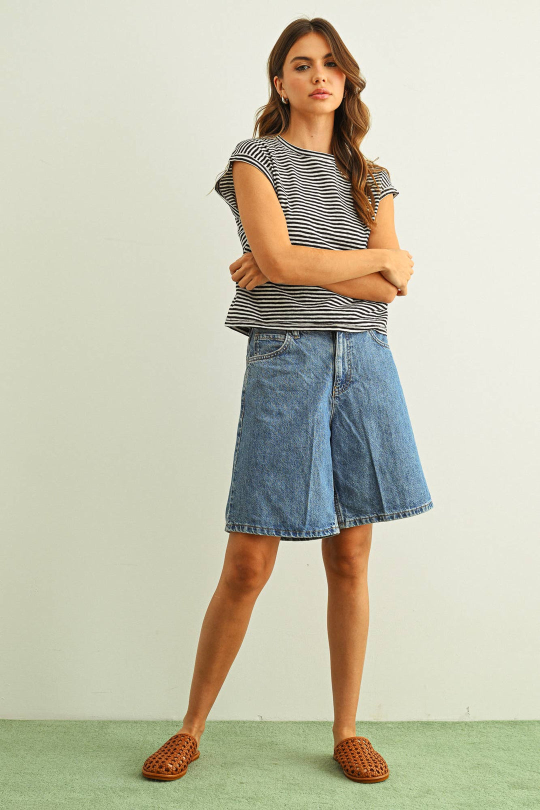 Miou Muse | Stripe Pattern Slub Top