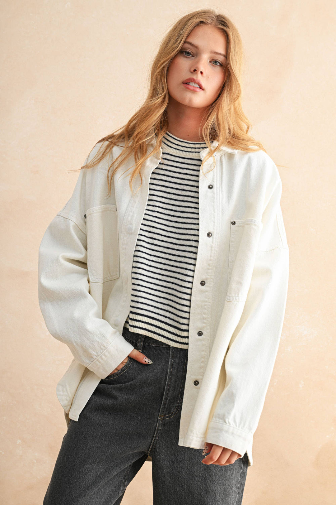 Miou Muse | Washed Snap Button Down Denim Shacket