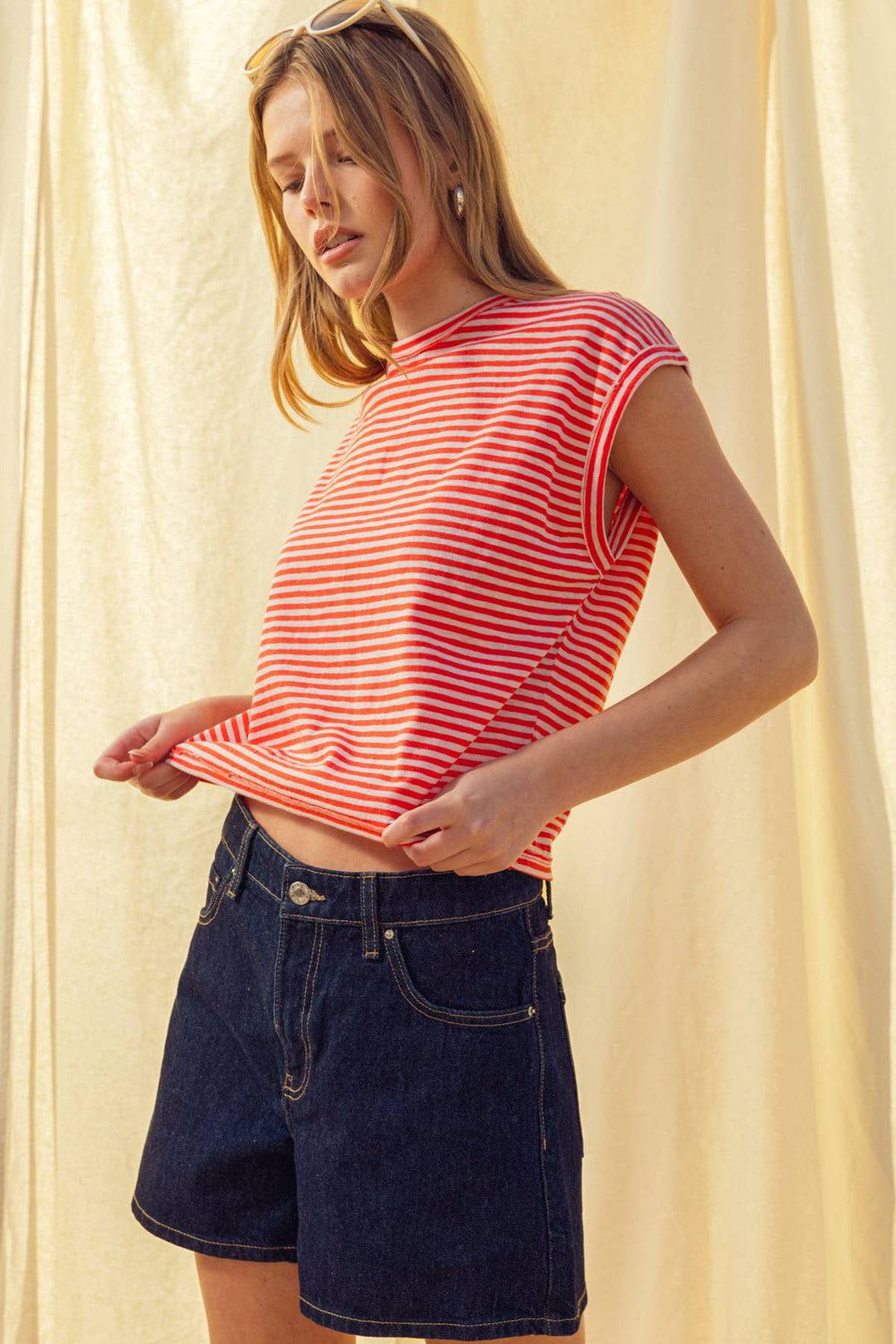 Miou Muse | Stripe Pattern Slub Top