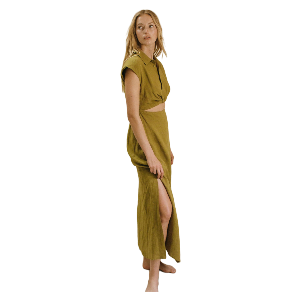 A. ren | Woven Linen Button Down One Side Slit Maxi Dress