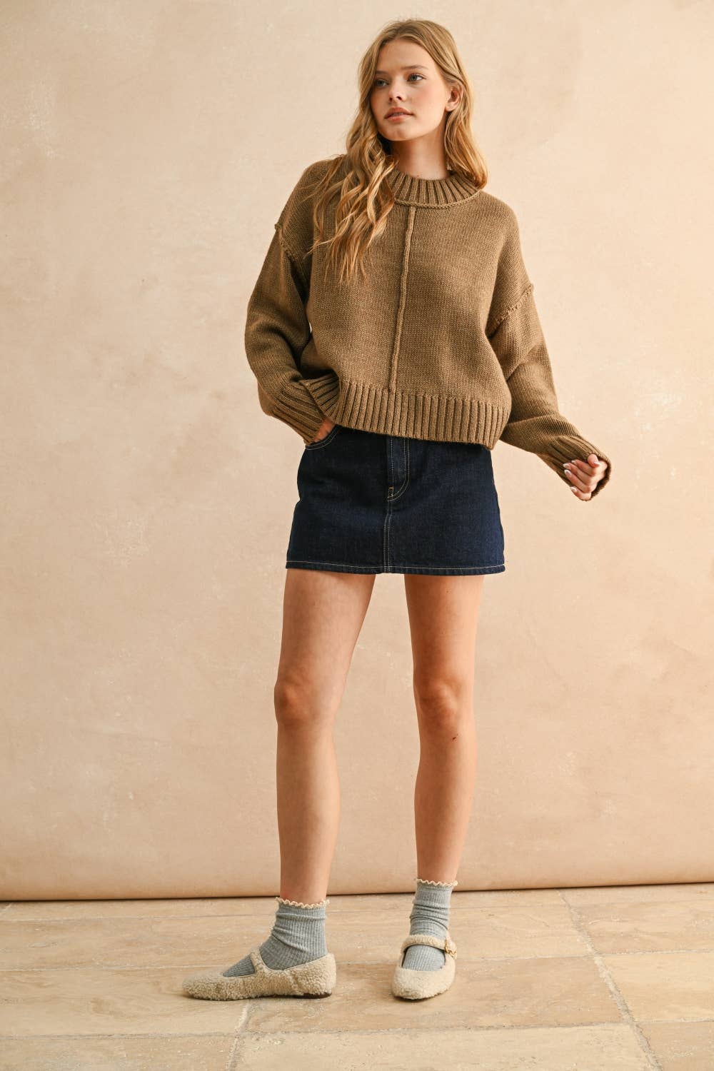 Miou Muse | Paneled and Slit Detail Sweater