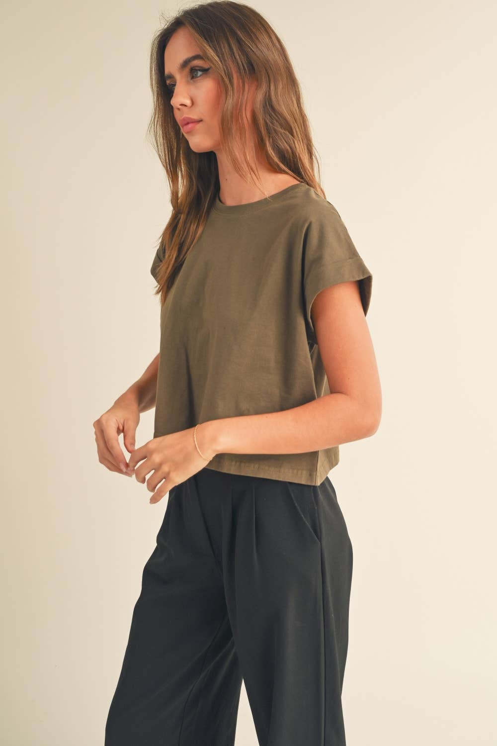 Miou Muse | Round Neck Cuffed Sleeve Top