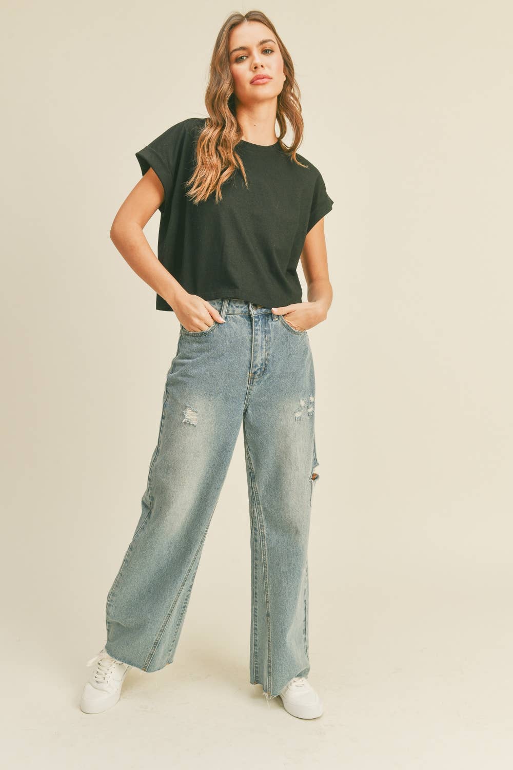 Miou Muse | Round Neck Cuffed Sleeve Top