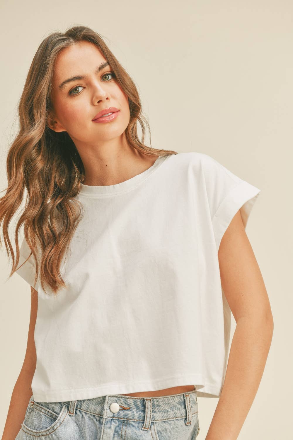 Miou Muse | Round Neck Cuffed Sleeve Top