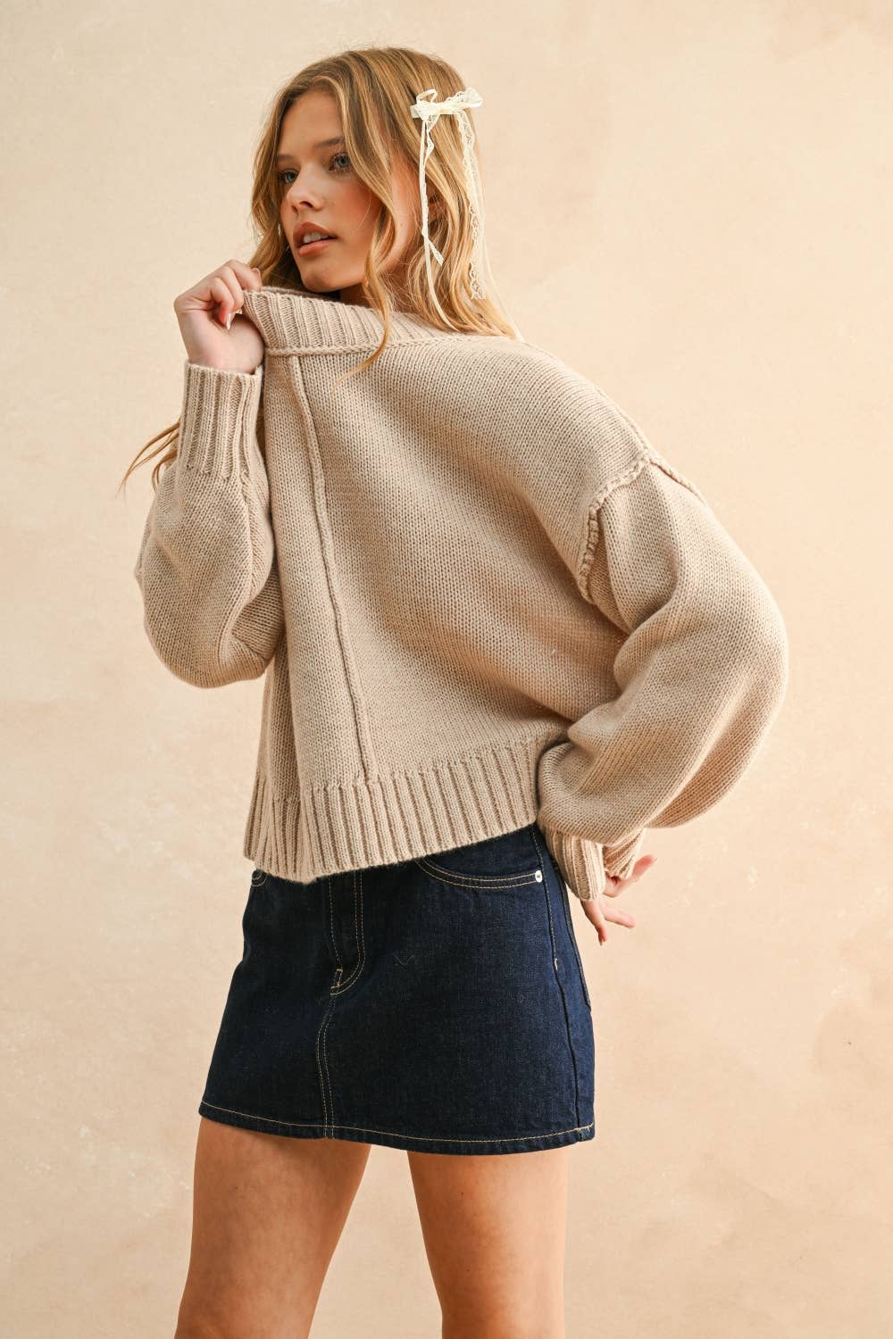 Miou Muse | Paneled and Slit Detail Sweater