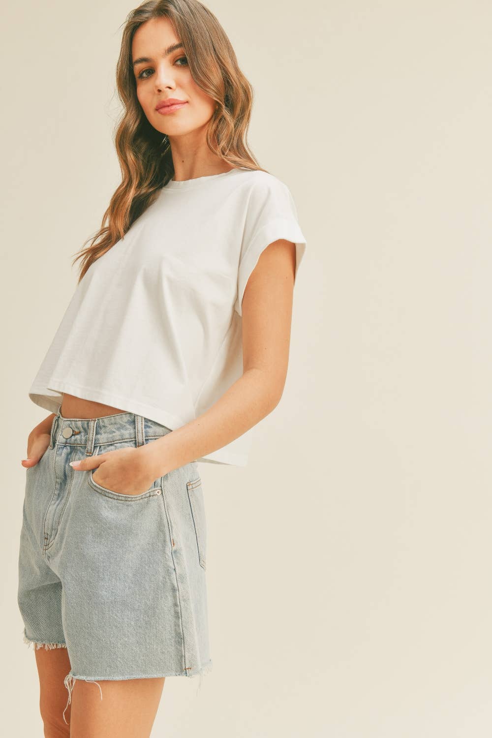 Miou Muse | Round Neck Cuffed Sleeve Top