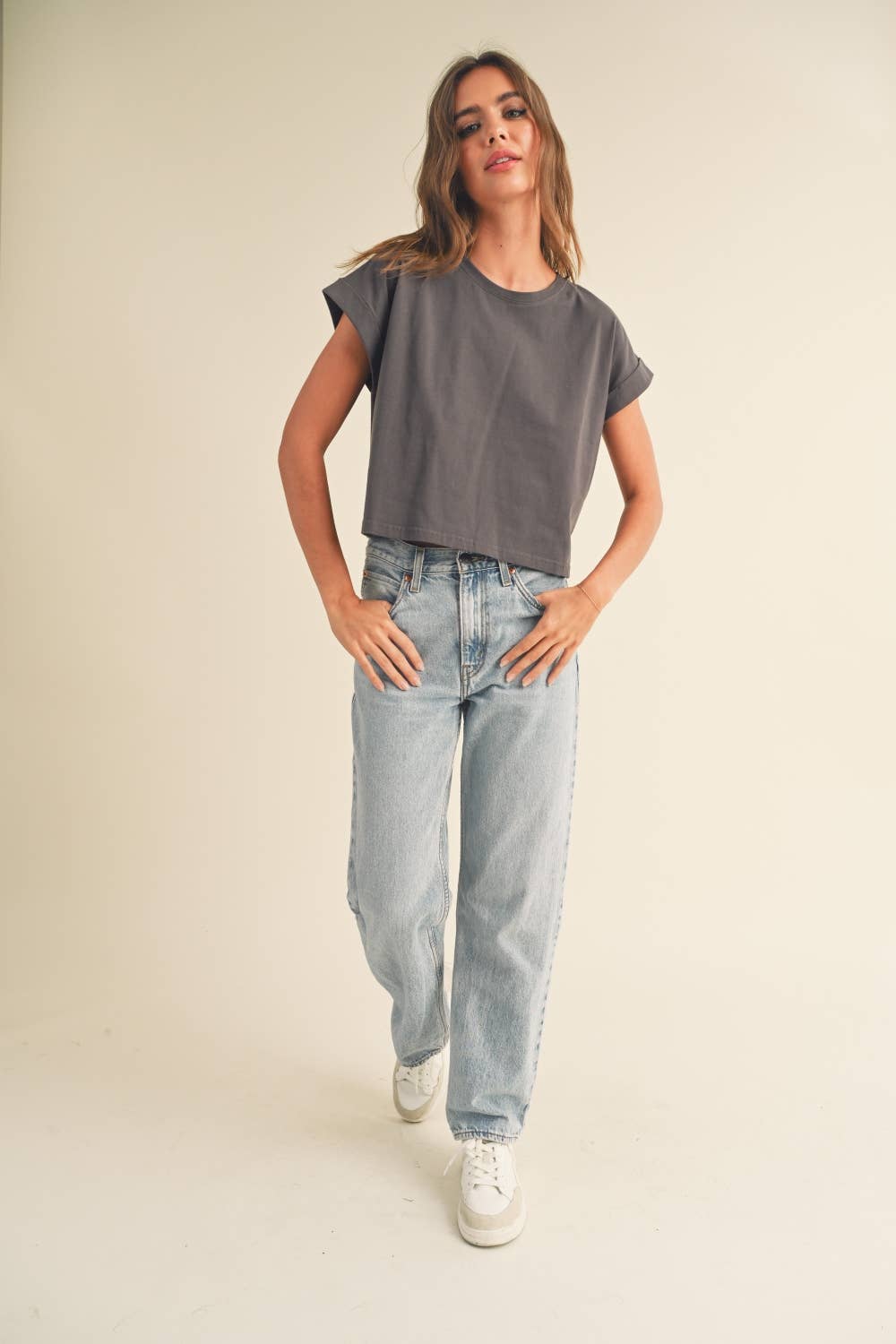 Miou Muse | Round Neck Cuffed Sleeve Top