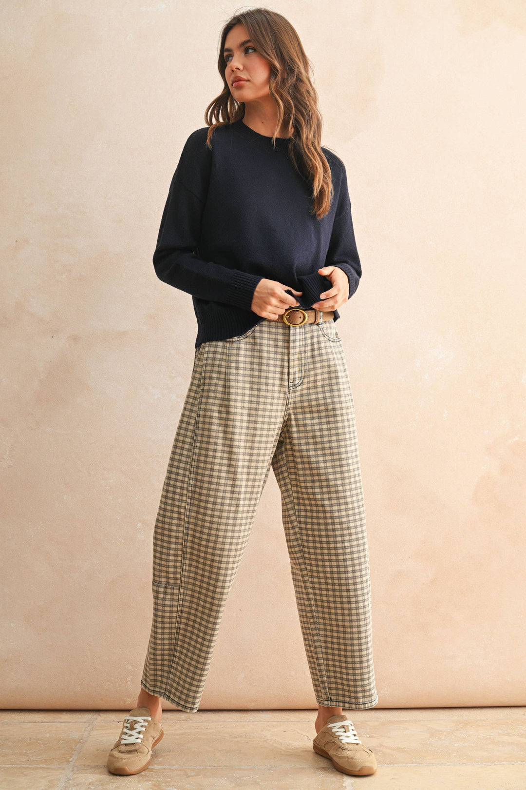 MIou Muse | Mini Checker Pattern Barrel Pants
