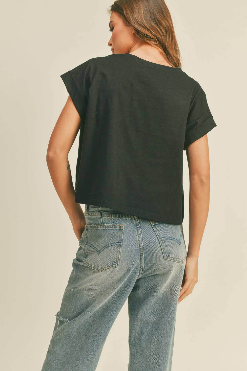 Miou Muse | Round Neck Cuffed Sleeve Top