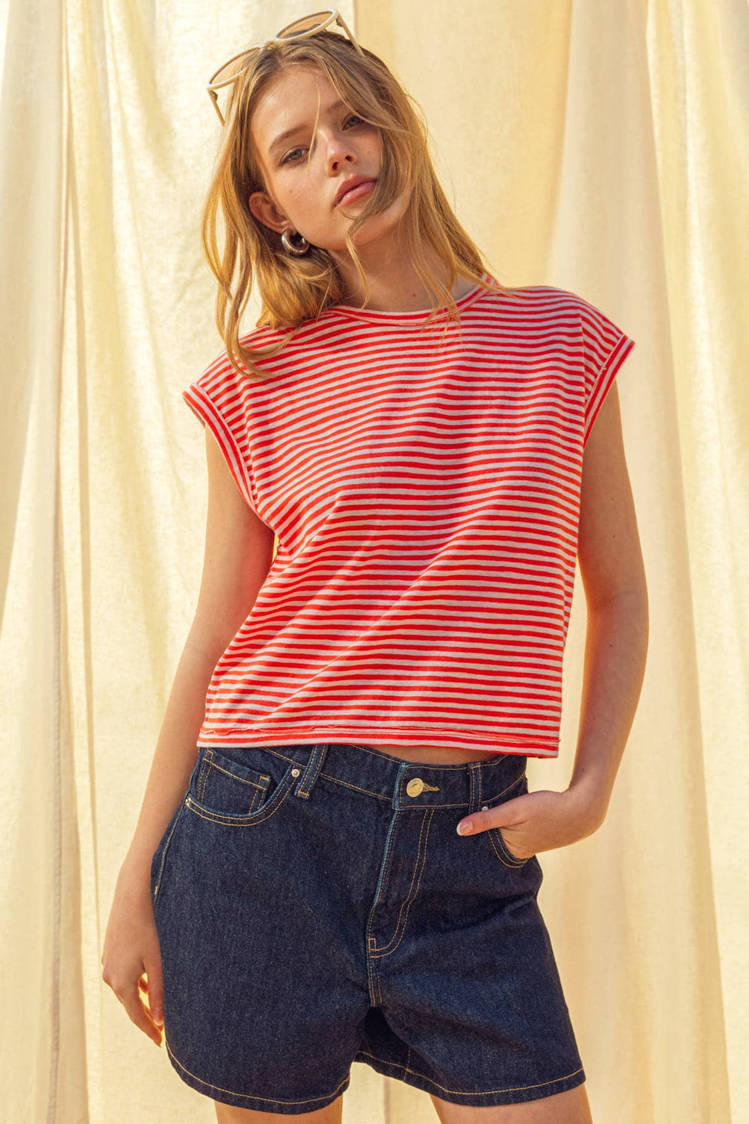 Miou Muse | Stripe Pattern Slub Top