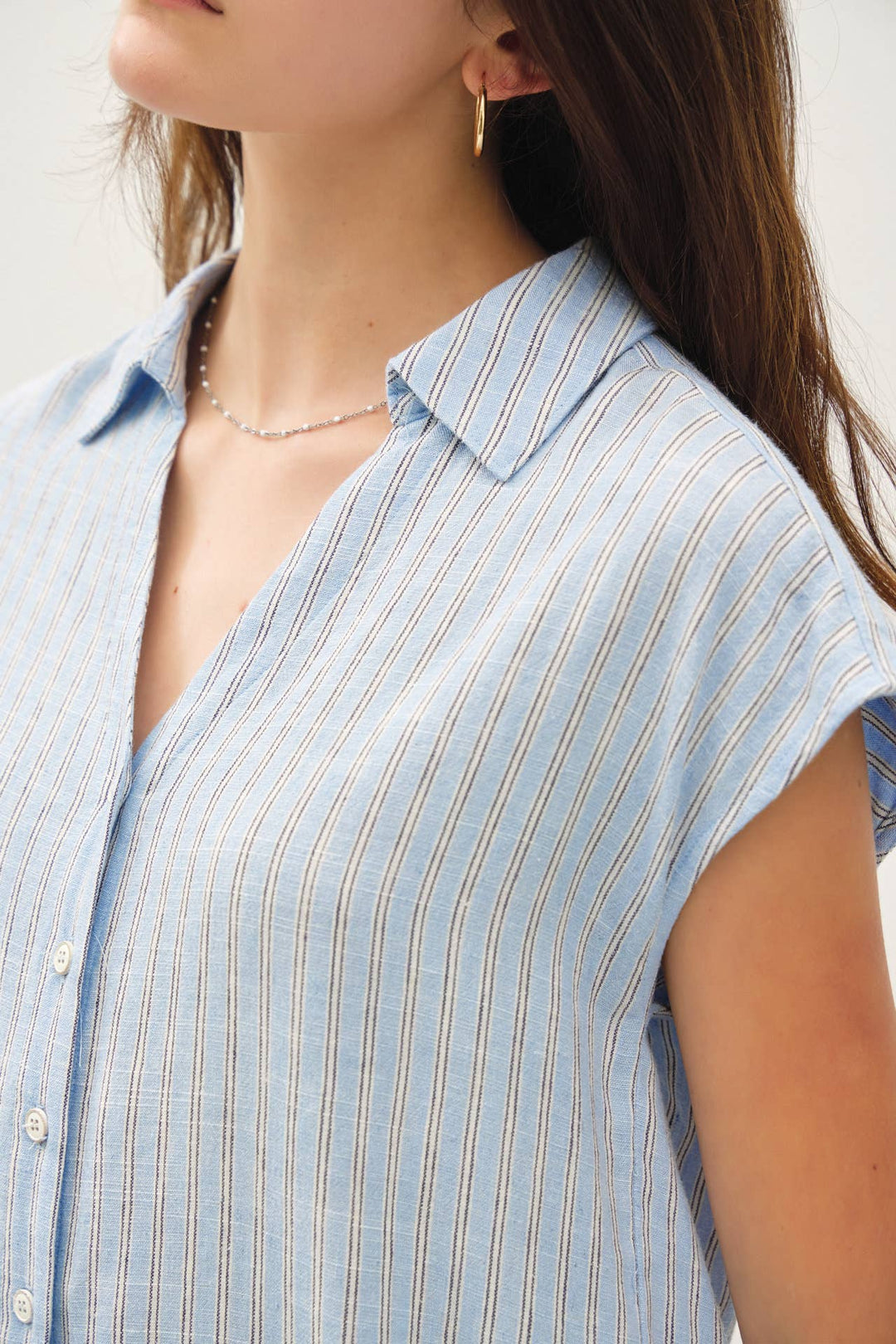Be Cool | Linen Blend Striped V Neck Button Up Top