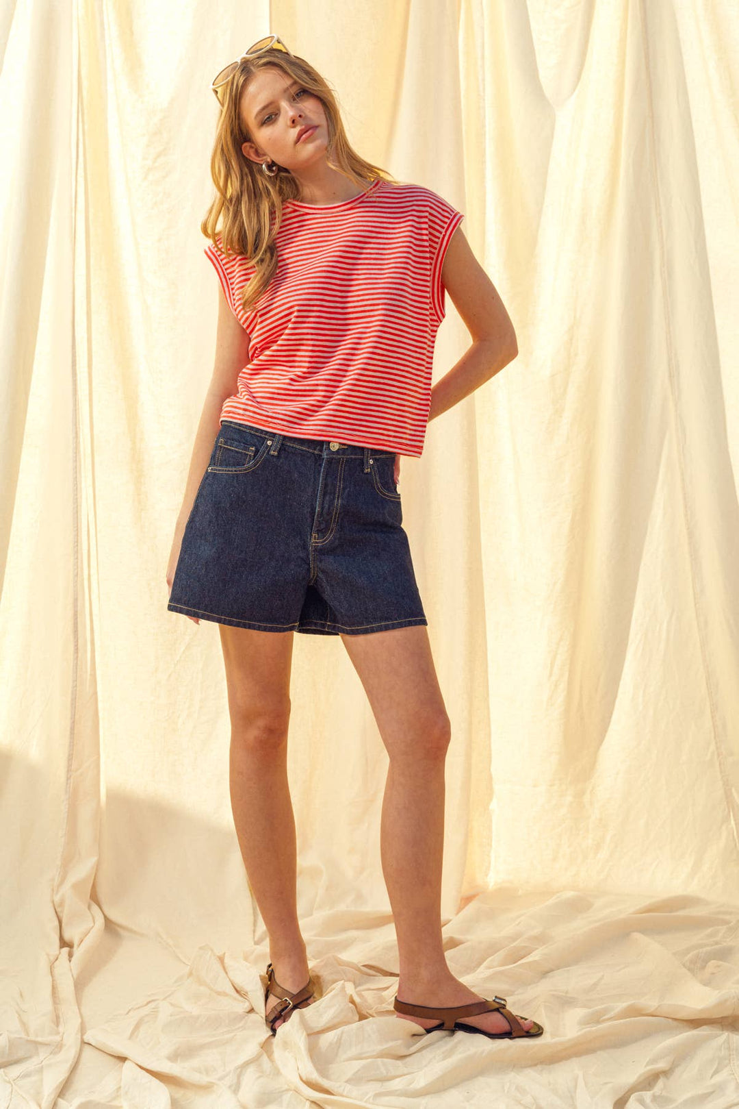 Miou Muse | Stripe Pattern Slub Top