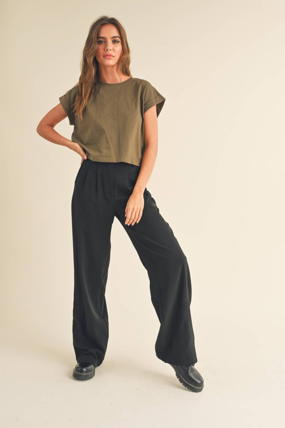 Miou Muse | Round Neck Cuffed Sleeve Top