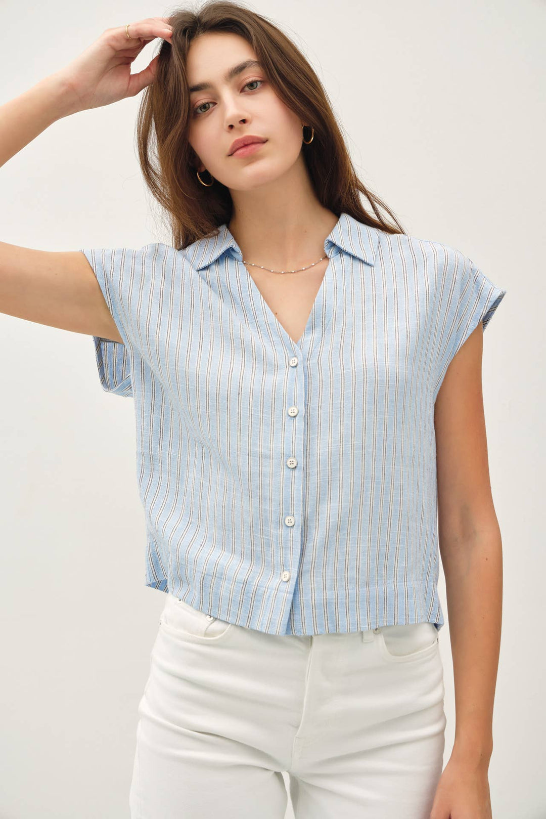 Be Cool | Linen Blend Striped V Neck Button Up Top