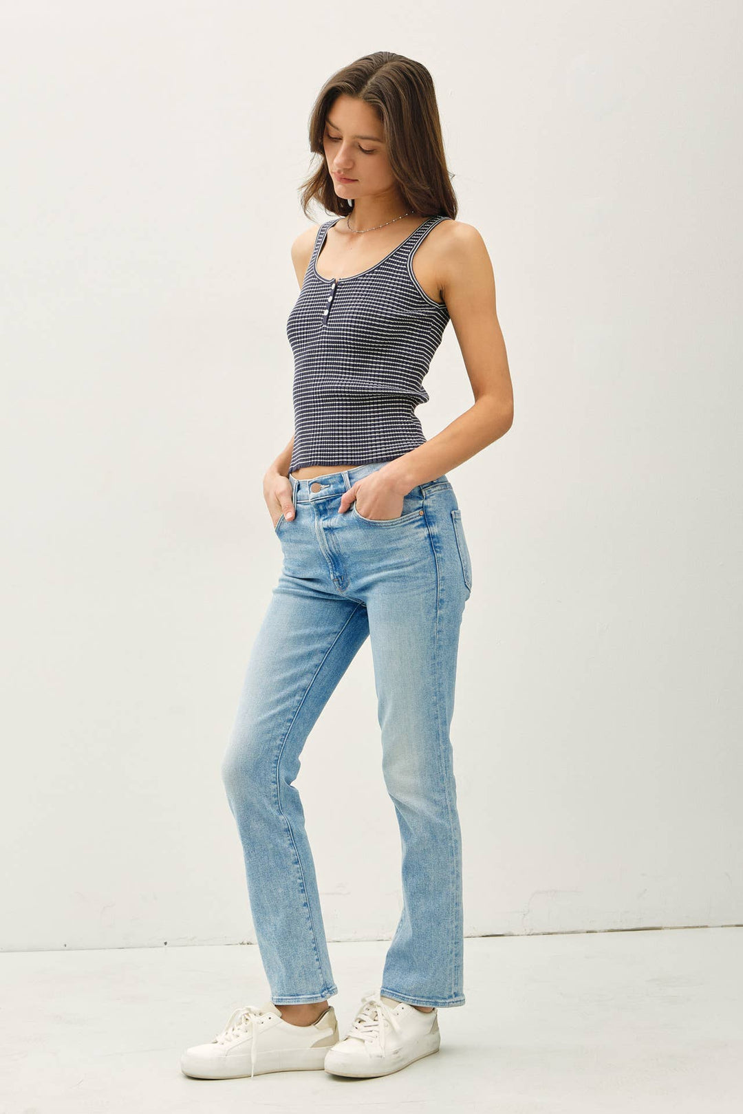 Be Cool | Lightweight striped scoop Neck Button Up Tank