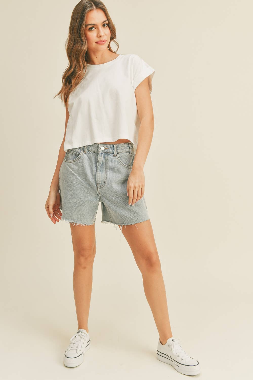 Miou Muse | Round Neck Cuffed Sleeve Top