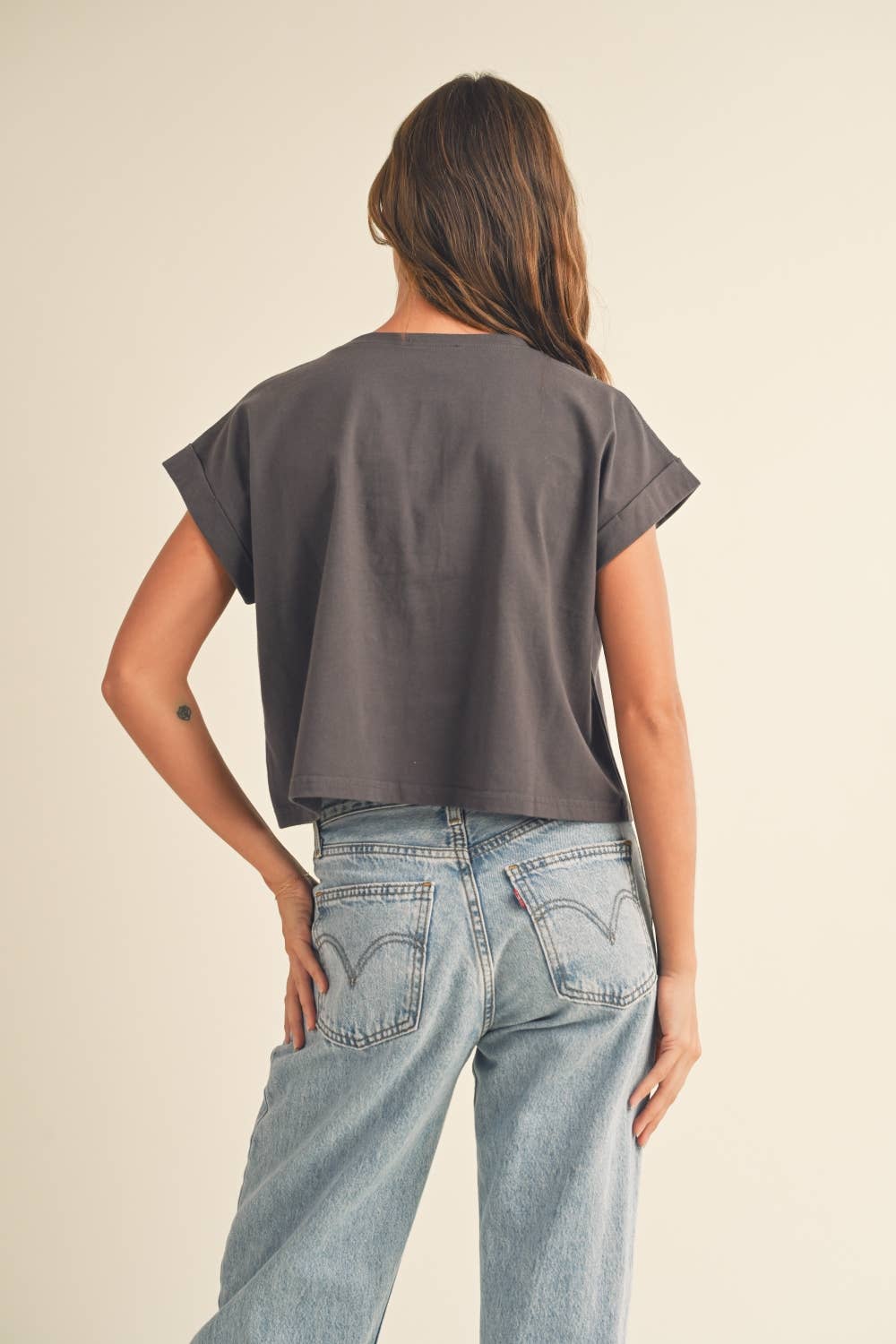 Miou Muse | Round Neck Cuffed Sleeve Top